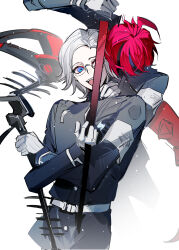 Rule 34 | 1123611099, 2boys, :d, absurdres, ahoge, aotsuki eito, armband, black streaks, blue eyes, chinese commentary, crossed arms, dated, eyeliner, gakuran, glasses, gloves, grey hair, hand on another&#039;s neck, highres, holding, holding scythe, holding sword, holding weapon, impaled, last defense academy school uniform, looking at viewer, makeup, male focus, multicolored hair, multiple boys, one eye covered, open mouth, red eyeliner, red hair, school uniform, scythe, short hair, sketch, smile, streaked hair, sumino takumi, sword, the hundred line -last defense academy-, weapon, white armband, white gloves