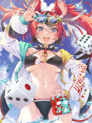1girl :d adjusting_eyewear animal_ear_fluff animal_ears arm_up bikini black_bikini black_collar black_hair blue_eyes blue_sky blush breasts breasts_apart cloud collar collarbone commentary_request covered_erect_nipples day dice dice_hair_ornament duplicate eyewear_on_head hair_between_eyes hair_ornament hakos_baelz halterneck hand_on_own_hip hololive hololive_english jacket key kubota_masaki long_hair long_sleeves looking_at_viewer medium_breasts mouse_ears mouse_girl multicolored_hair open_clothes open_jacket open_mouth pixel-perfect_duplicate puffy_long_sleeves puffy_sleeves red_eyes sharp_teeth sky smile solo spiked_collar spikes standing streaked_hair string_bikini sunglasses swimsuit teeth twintails virtual_youtuber white_hair white_jacket