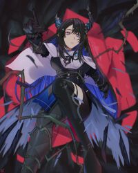 1girl asymmetrical_horns black_feathers black_gloves black_hair black_thighhighs black_vest blue_hair cloak colored_inner_hair demon_horns dress_shirt enigmatic_recollection feathers flower gloves highres hololive hololive_english horns long_hair multicolored_hair nerissa_ravencroft nerissa_ravencroft_(1st_costume) ninochuu red_eyes red_flower red_rose rose shirt solo thighhighs thorns vest virtual_youtuber white_cloak white_shirt
