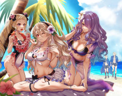 absurdres alternate_costume bare_shoulders barefoot beach bikini blonde_hair blue_male_swimwear blue_swim_trunks blush breasts camilla_(fire_emblem) camilla_(tropical_beauty)_(fire_emblem) cleavage competition_swimsuit corrin_(female)_(fire_emblem) corrin_(female)_(novice_vacationer)_(fire_emblem) corrin_(fire_emblem) elise_(fire_emblem) elise_(tropical_flower)_(fire_emblem) feet fire_emblem fire_emblem_fates fire_emblem_heroes fire_emblem_if hair_between_eyes hair_over_one_eye hairband headband highres intelligent_systems jammers karashino large_breasts leo_(fire_emblem) leo_(seashore&#039;s_prince)_(fire_emblem) long_hair male_swimwear medium_breasts midriff multiple_boys multiple_girls navel nintendo official_alternate_costume one-piece_swimsuit open_mouth pointy_ears purple_bikini purple_eyes purple_hair red_eyes ribbon short_hair siblings small_breasts smile swim_trunks swimsuit thighs toes twintails very_long_hair wavy_hair white_bikini white_hair xander_(fire_emblem) xander_(student_swimmer)_(fire_emblem)