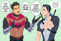 bat_signal batman_(series) batman_symbol black_bodysuit black_hair bodysuit brothers dc_comics dick_grayson drawstring gloves hood hood_down hoodie jason_todd male_focus muscular muscular_male neukgol red_hood_(2016_costume) red_hood_(dc) short_hair siblings sleeveless sleeveless_hoodie superhero_costume taut_bodysuit