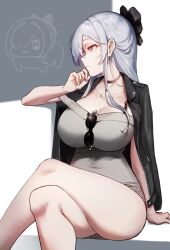 1girl absurdres black_choker black_jacket black_ribbon breasts choker cinderella_(beautiful_me)_(nikke) cinderella_(nikke) cleavage collarbone dongtan_dress doro_(nikke) dress eyewear_hang goddess_of_victory:_nikke grey_dress grey_hair hair_ribbon highres jacket jacket_on_shoulders jewelry large_breasts long_hair looking_to_the_side meme_attire necklace official_alternate_costume red_eyes ribbon sitting solo sunglasses undreaming unworn_eyewear