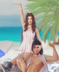 1boy 1girl 3d aerith_gainsborough alternate_costume arm_up barbie_(franchise) barbie_(live_action) bare_shoulders beach black_hair blue_eyes blue_sky blurry blurry_background bracelet brown_hair clenched_hand collarbone costa_del_sol couple crisis_core_final_fantasy_vii day dress feet_out_of_frame final_fantasy final_fantasy_vii final_fantasy_vii_remake green_eyes hair_pulled_back hair_ribbon hand_on_another&#039;s_face hand_on_another&#039;s_leg highres horizon jewelry looking_at_viewer muscular muscular_male necklace ocean one_eye_closed open_clothes open_hand open_shirt outdoors palm_tree parted_bangs parted_lips patreon_username pectorals pink-framed_eyewear pink_dress pink_ribbon ria-neearts ribbon sand shell shell_necklace short_sleeves sidelocks sitting_on_shoulder sky sleeveless sleeveless_dress smile square_enix summer sunglasses_on_head tree upper_body zack_fair