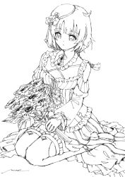 Rule 34 | 1girl, ahoge, amahara nue, ankle strap, artist name, assault lily, bare shoulders, beret, bouquet, bow, braid, braided ponytail, brooch, closed mouth, clothing cutout, collar, cross-laced clothes, cross-laced cutout, cross-laced dress, dress, flower, frilled collar, frilled dress, frilled sleeves, frilled thigh strap, frills, full body, futagawa fumi, greyscale, hair bow, hair flower, hair ornament, hat, high-low dress, highres, holding, holding bouquet, jewelry, lineart, long hair, long sleeves, looking at viewer, mini hat, monochrome, navel, neck ribbon, official alternate costume, ribbon, shoe soles, shoes, shoulder cutout, signature, simple background, single braid, sketch, solo, stomach cutout, thigh strap, thighhighs, tilted headwear, white background, wide sleeves
