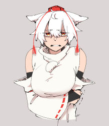 1girl animal_ears arm_under_breasts black_bridal_gauntlets breasts bridal_gauntlets clenched_teeth commentary_request detached_sleeves grey_background hat highres inubashiri_momiji large_breasts looking_at_viewer min.k orange_eyes pom_pom_(clothes) red_hat ribbon-trimmed_sleeves ribbon_trim shaded_face shirt short_hair simple_background sleeveless sleeveless_shirt solo teeth tokin_hat touhou turtleneck turtleneck_shirt upper_body white_hair white_shirt white_sleeves wince wolf_ears wolf_girl