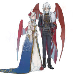 1boy 1girl absurdres boots dagger demon_boy demon_girl dress expressionless formal_clothes full_body grey_hair highres horns jacket knife koze_niire kuzuha_(nijisanji) long_hair looking_at_viewer makaino_ririmu multicolored_hair nijisanji pointy_ears red_eyes red_hair red_horns red_wings serious standing two-tone_hair virtual_youtuber weapon wings