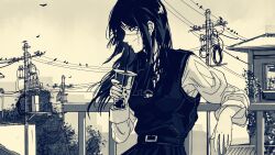 1girl black_hair bubble_tea chainsaw_man cross_scar dress facial_scar fourth_east_high_school_uniform greyscale highres long_hair monochrome pinafore_dress scar scar_on_cheek scar_on_face scar_on_nose school_uniform sleeveless sleeveless_dress solo yautja yoru_(chainsaw_man)