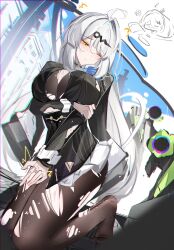 2girls absurdres ahoge arm_under_breasts belle_(zenless_zone_zero) black_jacket breasts chromatic_aberration closed_mouth commentary_request ethereal_(zenless_zone_zero) hair_ornament highres holding_own_arm imagining jacket kneeling large_breasts looking_down miniskirt multiple_girls no_shoes official_alternate_costume one_eye_closed pantyhose skirt solo solo_focus torn_clothes torn_pantyhose voi_271 white_skirt yellow_eyes yi_xuan_(trails_of_ink)_(zenless_zone_zero) yi_xuan_(zenless_zone_zero) zenless_zone_zero