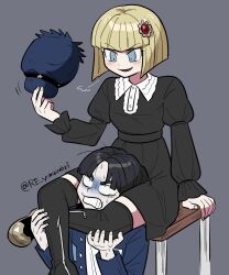 1boy 1girl asphyxiation black_boots black_dress black_hair blonde_hair blue_eyes blue_jacket blush boots dress evil_smile furukawa_(yomawari) gem hair_ornament hand_on_another&#039;s_leg hat head_between_thighs highres holding holding_unworn_clothes holding_unworn_hat jacket maruko_gaku on_stool oosuzuki_kurara puff_of_air red_eyes red_gemstone shirt short_hair smile the_hundred_line_-last_defense_academy- twitter_username unworn_hat unworn_headwear white_shirt