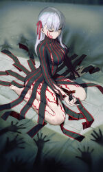 Rule 34 | 1girl, absurdres, artist name, bare legs, barefoot, black dress, body markings, breasts, commentary request, corruption, dark persona, dark sakura, dress, fate/stay night, fate (series), feet, hair ribbon, heaven&#039;s feel, highres, large breasts, long hair, matou sakura, red eyes, ribbon, shadow (fate/stay night), shroud of martin, soles, striped clothes, striped dress, tooku0, vertical-striped clothes, vertical-striped dress, white hair