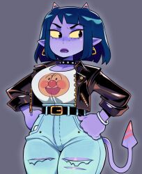 1girl absurdres anpanman anpanman_(character) belt black_eyes black_jacket black_nails blue_hair bracelet character_print choker colored_sclera colored_skin cone_horns demon_tail denim earrings grey_background hands_on_own_hips highres horns jacket jeans jewelry leather leather_jacket matsumoto_nono mole mole_under_eye open_clothes open_jacket pants pointy_ears print_shirt punch_punch_forever! purple_lips purple_skin shirt short_hair sidelocks speedoru spiked_choker spikes tail torn_clothes torn_jeans torn_pants triangle_earrings white_shirt yellow_sclera