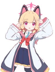 1girl animal_ear_headphones animal_ears aqua_necktie arms_up black_skirt black_thighhighs blonde_hair blue_archive bow buttons cat_ear_headphones cat_ears chestnut_mouth collared_shirt commentary cowboy_shot fake_animal_ears frilled_jacket frilled_skirt frills hair_bow halo headphones highres hood hood_down hooded_jacket jacket long_sleeves looking_at_viewer low-tied_sidelocks medium_hair momoi_(blue_archive) multicolored_jacket necktie open_clothes open_hands open_jacket palms parted_bangs parted_lips pink_eyes pink_halo pink_jacket pleated_skirt red_bow school_uniform shirt shirt_tucked_in sidelocks simple_background sketch skirt solo suspender_skirt suspenders synaaap tareme teeth thighhighs upper_teeth_only white_background white_jacket white_shirt wide_sleeves