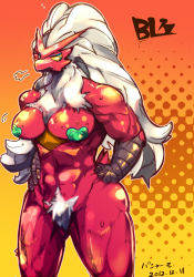 1girl abs blaziken blue_eyes breasts colored_sclera female_focus female_pubic_hair gen_3_pokemon muscular nintendo pasties pokemon pokemon_(creature) pubic_hair sasamix solo sweat thick_thighs thighs yellow_sclera
