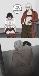 Rule 34 | 1boy, 1girl, ass, black gloves, black hair, blush, breasts, coat, completely nude, dante (devil may cry), devil may cry, devil may cry (series), devil may cry 3, gloves, highres, jumpoon, lady (devil may cry), no shirt, nude, pants, red coat, scar, scar on face, scar on leg, scar on nose, sex, shirt, sitting, speech bubble, straddling, upright straddle, white hair, white shirt