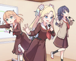3girls aqua_eyes black_socks blonde_hair blue_eyes blue_hair braid brown_cardigan brown_dress cardigan commentary_request crossed_bangs curtained_hair d: dancing dress fang flower hair_flower hair_intakes hair_ornament half_up_braid half_updo hasu_no_sora_school_uniform highres hinoshita_kaho holding holding_microphone indoors karaoke_hasu_no_sora lao_ren_xing link!_like!_love_live! long_sleeves love_it!_wonderful_trip! love_live! medium_dress medium_hair microphone multiple_girls murano_sayaka neckerchief open_cardigan open_clothes open_mouth orange_hair osawa_rurino parted_bangs parted_lips pink_flower pleated_dress rabbit_hair_ornament raised_inner_eyebrows red_neckerchief red_shoes sailor_collar sailor_dress school_uniform shoes skin_fang socks twintails two_side_up uwabaki virtual_youtuber white_sailor_collar whiteboard winter_uniform