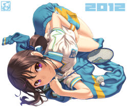 1girl 2012 aoi_sora_(pairan) artist_name ass badminton_racket blue_jacket blue_shorts blush breasts brown_hair closed_mouth collared_shirt commentary_request double-parted_bangs from_above hair_between_eyes hand_up jacket long_bangs looking_at_viewer lying midriff_peek on_side original pairan purple_eyes racket shirt short_sleeves shorts shuttlecock small_breasts smile solo striped_sweatband sweatband thighs twintails unworn_jacket white_background white_shirt