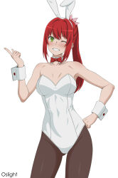 1girl alise_lovell animal_ear_hairband animal_ears artist_name blush bow bowtie breasts collarbone detached_collar dungeon_ni_deai_wo_motomeru_no_wa_machigatteiru_darou_ka fake_animal_ears green_eyes grin hair_bow hairband hand_on_own_hip highres large_breasts leotard long_hair one_eye_closed oslight pantyhose pink_bow playboy_bunny ponytail rabbit_ear_hairband rabbit_ears red_bow red_bowtie red_hair smile solo strapless strapless_leotard traditional_bowtie white_leotard white_wrist_cuffs wrist_cuffs