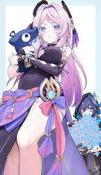1boy 1girl animal_ears bare_legs bare_shoulders bat_boy bat_ears blue_eyes blush breasts citlali_(genshin_impact) colored_eyelashes commentary_request cowboy_shot facial_tattoo genshin_impact hair_ornament heterochromia holding holding_stuffed_toy long_hair looking_at_viewer medium_breasts ororon_(genshin_impact) pink_eyebrows pink_hair primogem purple_eyes purple_hair short_hair single_sleeve stuffed_animal stuffed_toy tattoo ura_(hamburg_oniku) vision_(genshin_impact)
