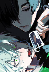 2boys absurdres alien_stage black_eyes black_gloves black_hair blood chinese_commentary commentary gloves green_eyes grey_hair hair_over_one_eye headset highres ivan_(alien_stage) lixinling41431 male_focus microphone multiple_boys nosebleed open_mouth red_pupils sweat till_(alien_stage)