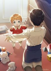 2boys artist_name black_hair blue_eyes book book_stack brothers child chisuke_1104 chocobo clive_rosfield crib earrings final_fantasy final_fantasy_xvi highres indoors jewelry joshua_rosfield kneeling male_focus moogle multiple_boys orange_hair outstretched_arms puffy_sleeves red_robe robe shirt siblings standing stuffed_toy toy toy_block white_shirt