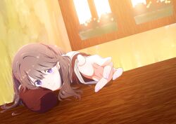 1girl absurdres brown_dress brown_hair closed_mouth dress flower fujishima_megumi hair_intakes hasu_no_sora_school_uniform highres link!_like!_love_live! long_hair long_sleeves looking_at_viewer love_live! multiple_girls pink_nails purple_eyes rakinegimagi reaching reaching_towards_viewer sailor_collar sailor_dress school_uniform smile solo_focus two_side_up virtual_youtuber white_flower white_sailor_collar window windowsill winter_uniform