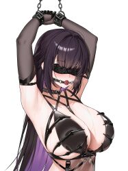 1girl absurdres armpits arms_up ball_gag bdsm black_blindfold black_gloves black_hair blindfold bondage bound breasts chain colored_inner_hair elbow_gloves gag gloves goddess_of_victory:_nikke highres kai_si_(hscn5578) large_breasts mihara_(bonding_chain)_(nikke) mihara_(nikke) multicolored_hair official_alternate_costume purple_hair restrained see-through_clothes simple_background solo two-tone_hair upper_body white_background