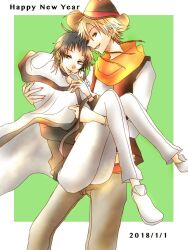 Rule 34 | 2018, 2boys, ahoge, alicein mikuni, antenna hair, black hair, blonde hair, bracelet, braid, choker, happy new year, hat, jewelry, kamiya tsurugi, male focus, multiple boys, new year, orange eyes, pants, scarf, servamp, side braid, user vkay3728, white pants, yaoi, yellow eyes, yellow scarf