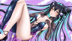 1girl black_hair blue_hair breasts cleavage colored_inner_hair covered_navel dress goddess_of_victory:_nikke green_hair hair_intakes highres jewelry large_breasts little_mermaid_(abyss_flower)_(nikke) little_mermaid_(nikke) long_hair looking_at_viewer multicolored_hair official_alternate_costume ramiki_(ramesgoag) see-through_clothes smile solo two-tone_hair very_long_hair yellow_eyes