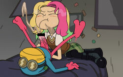 Rule 34 | 1boy, 1girl, after fellatio, amphibia, bed, bedroom, blonde hair, blush, boots, censored, closed eyes, collared shirt, colored skin, covered face, ctfbm, cum, frog boy, full body, green hair, green skirt, indoors, long hair, lying, molly jo, multicolored hair, pantyhose, penis, pink hair, pink skin, round eyewear, shirt, skirt, sprig plantar, sweatdrop, sweater vest, toon (style)