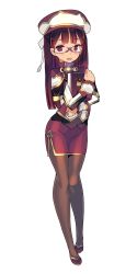 1girl blade_(galaxist) blush book female_focus full_body glasses hat highres librarian librarian_(pop-up_story) long_hair miniskirt official_art open_mouth pantyhose pop-up_story purple_eyes purple_hair side_slit skirt smile solo transparent_background