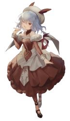 1girl ;d bat_wings black_footwear blue_hair commentary contrapposto detached_sleeves dress full_body highres light_blue_hair looking_at_viewer nail_polish off-shoulder_dress off_shoulder one_eye_closed open_mouth red_dress red_eyes remilia_scarlet short_hair simple_background smile solo standing symbol-only_commentary touhou white_background white_headwear wings yuki_(popopo)