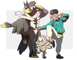 &gt;_&lt; 1boy black_footwear closed_mouth commentary_request evolutionary_line facial_hair flying_sweatdrops frown gen_8_pokemon green_jacket grin hat jacket kubfu leg_up legendary_pokemon long_eyebrows long_sleeves male_focus morio_(poke_orio) nintendo pants pokemon pokemon_(creature) pokemon_swsh shoes short_hair smile standing standing_on_one_leg sweatdrop teeth trembling urshifu urshifu_(rapid)