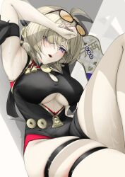 1girl china_dress chinese_clothes clothing_cutout cutout_above_navel dress eyewear_on_head hair_over_one_eye hand_fan highres mait pelvic_curtain solo sunglasses sweety_(zenless_zone_zero) tinted_eyewear underboob_cutout yellow-tinted_eyewear zenless_zone_zero