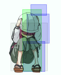 1girl black_bow black_jacket black_nails bocchi_the_rock! bow braid charisma_guard covering_head cowering dress fighting_game geta green_dress hair_over_shoulder hands_on_headwear hands_on_own_head hard_hat helmet hiroi_kikuri hitbox jacket multicolored_jacket purple_hair remilia_scarlet simple_background solo squatting torako_(toramaru) touhou two-tone_jacket white_background white_jacket