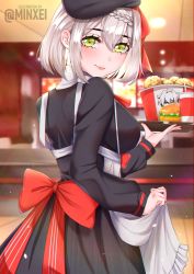 1girl apron apron_lift bird blunt_bangs bow breasts bucket burger cabbie_hat chicken clothes_lift diluc_(genshin_impact) drink employee_uniform fast_food_uniform food genshin_impact green_eyes grey_hair hat kfc large_breasts lifting_own_clothes looking_at_viewer minxei noelle_(genshin_impact) noelle_(kfc)_(genshin_impact) red_bow restaurant short_hair smile solo tray