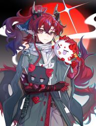 1boy arknights chinese_knot colored_extremities cowboy_shot doll dragon_boy dragon_horns dragon_tail earrings eastern_dragon_tail gloves gradient_hair grey_pants hair_between_eyes high_ponytail highres horns jewelry keyco_jintianye long_hair looking_at_viewer male_focus multicolored_eyes multicolored_hair pants pointy_ears ponytail purple_hair red_eyes red_hair smile solo tail wavy_hair yu_(arknights)