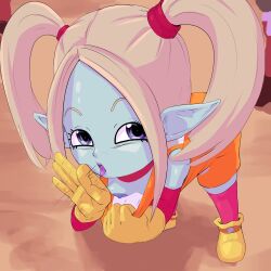 1girl ahegao artist_request blonde_hair blue_skin breasts clothes_pull colored_skin dragon_ball dragon_ball_daima fellatio_gesture female_pervert hair_ornament highres loli nipples one_breast_out pansy_(dragon_ball_daima) pervert pink_thighhighs pointy_ears presenting purple_eyes bad_tag sexually_suggestive shirt_pull small_breasts solo source_request tagme thighhighs uncensored