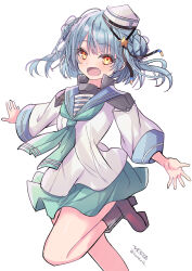 Rule 34 | 1girl, absurdres, blue hair, boots, double bun, fang, hair bun, hat, highres, hizaka, kantai collection, looking at viewer, medium hair, neckerchief, open mouth, orange eyes, outstretched arms, sailor hat, samuel b. roberts (kancolle), samuel b. roberts mk ii (kancolle), school uniform, serafuku, skirt, smile, solo, star (symbol)