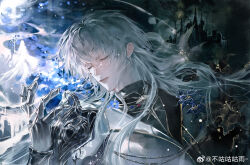 Rule 34 | 1boy, absurdres, armor, black shirt, blue flower, bracer, bu gu gu gu yu, castle, chinese commentary, closed eyes, cloud, cloudy sky, collared jacket, commentary request, eyelashes, floating hair, flower, grey hair, hair between eyes, highres, jacket, lapels, light particles, lips, long hair, love and deepspace, male focus, parted lips, pauldrons, peaked lapels, petals, pointy nose, shirt, shooting star, shoulder armor, sky, solo, teeth, turtleneck, turtleneck shirt, upper body, watermark, weibo watermark, white jacket, xavier (love and deepspace)