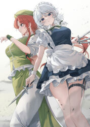 2girls absurdres apron beret between_fingers blue_eyes blue_skirt blue_vest braid breasts collared_shirt commentary from_below green_hat green_ribbon green_skirt green_vest hat hat_ornament highres holding holding_knife hong_meiling izayoi_sakuya knife large_breasts long_hair looking_at_viewer maid_headdress medium_breasts medium_hair multiple_girls neck_ribbon pants parted_bangs pelvic_curtain puffy_short_sleeves puffy_sleeves red_hair ribbon sarukana shirt short_sleeves side_braids skirt star_(symbol) star_hat_ornament thigh_strap throwing_knife touhou vest waist_apron weapon white_apron white_background white_pants white_shirt wrist_cuffs