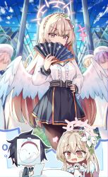 1boy 1girl absurdres angel_wings black_pantyhose black_skirt blonde_hair blue_archive breasts chibi doodle_sensei_(blue_archive) feathered_wings flower hair_flower hair_ornament halo hand_fan hand_on_own_hip highres holding holding_fan long_hair long_sleeves looking_at_viewer medium_breasts nagisa_(blue_archive) natie open_mouth pantyhose pink_halo pleated_skirt sensei_(blue_archive) skirt smile very_long_hair white_wings wings yellow_eyes