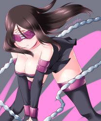 1girl bare_shoulders black_dress black_gloves black_hair black_thighhighs blindfold blush breasts bridal_gauntlets chain cleavage closed_mouth commentary cosplay dated dress elbow_gloves facial_mark facing_viewer fate/stay_night fate_(series) female_focus forehead_mark girls_und_panzer gloves highres kuzuryuu_kennosuke large_breasts leaning_forward long_hair medusa_(fate) medusa_(rider)_(fate) medusa_(rider)_(fate)_(cosplay) microdress nonna_(girls_und_panzer) one-hour_drawing_challenge solo standing strapless strapless_dress swept_bangs thighhighs twitter_username wind