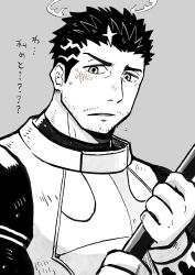 1boy bara blush facial_hair fire flaming_halo greyscale halo highres male_focus mature_male mochiyoshi monochrome short_hair sideburns solo stubble sweatdrop tokyo_houkago_summoners translation_request upper_body zabaniyya_(housamo)