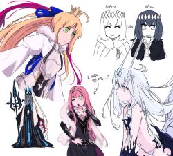 1boy 4girls artoria_caster_(fate) artoria_caster_(third_ascension)_(fate) artoria_pendragon_(fate) baobhan_sith_(fate) black_dress black_gloves black_hair blonde_hair bow closed_eyes cnoc_na_riabh_(fate) crown dress fate/grand_order fate_(series) fur_trim gloves green_eyes hair_between_eyes hair_bow highres hwanm_fate long_hair looking_at_viewer medb_(fate) melusine_(fate) melusine_(third_ascension)_(fate) morgan_le_fay_(fate) morgan_le_fay_(queen_of_winter)_(fate) multiple_girls oberon_(fate) oberon_(third_ascension)_(fate) pink_hair polearm ponytail short_hair spear veil very_long_hair weapon white_hair yellow_eyes