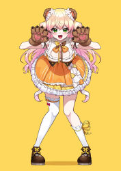 1girl absurdres aica_61 animal_ears animal_hands arm_garter asymmetrical_legwear bear_ears bear_paws bell blonde_hair boots bow bowtie breasts brown_boots brown_bow brown_bowtie claw_pose cleavage cleavage_cutout clothing_cutout commentary_request corset dot_nose double-parted_bangs fake_animal_ears fang flower frilled_shirt frilled_skirt frilled_thighhighs frills full_body gloves gradient_hair green_eyes green_hair hair_flower hair_ornament hands_up highres hololive hunched_over jingle_bell knees_together_feet_apart large_breasts long_hair momosuzu_nene momosuzu_nene_(1st_costume) multicolored_bow multicolored_bowtie multicolored_hair open_mouth orange_bow orange_bowtie orange_shirt orange_skirt paw_gloves peach_ornament pink_flower pink_hair shadow shirt simple_background single_sock single_thighhigh skirt skirt_set sleeveless sleeveless_shirt smile socks solo standing thighhighs two-tone_skirt two_side_up underbust virtual_youtuber white_socks white_thighhighs yellow_background yellow_bow yellow_bowtie yellow_skirt