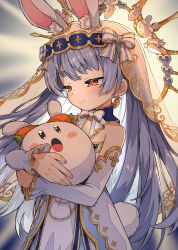 1girl :o absurdres agata_(yfw1110) animal_ear_fluff animal_ears bare_shoulders blue_hair blush blush_stickers bow bowtie carrot_earrings closed_mouth commentary_request detached_sleeves dress earrings food-themed_earrings food_themed_earrings highres holding hololive jewelry long_hair pekomon_(usada_pekora) rabbit-shaped_pupils rabbit_ears rabbit_girl rabbit_tail red_eyes smile strapless strapless_dress symbol-shaped_pupils tail thick_eyebrows upper_body usada_pekora veil very_long_hair virtual_youtuber white_bow white_bowtie white_dress white_sleeves white_veil