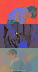 2boys absurdres against_wall belt black_hair black_pants blue_eyes colorful derivative_work from_behind from_side green_background highres ikari_shinji male_focus multiple_boys nagisa_kaworu neon_genesis_evangelion out_of_frame pants reaching reaching_towards_another red_background saturated screenshot_redraw short_hair sparkle subtitled windsaor