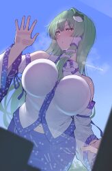 1girl :o against_glass bare_shoulders blue_skirt blue_sky blush breasts detached_sleeves doitsuudon frog_hair_ornament green_eyes grey_hair hair_between_eyes hair_ornament hair_tubes highres kochiya_sanae large_breasts long_hair looking_at_viewer navel shirt single_hair_tube skirt sky snake_hair_ornament solo steam touhou twitter_username watermark white_shirt