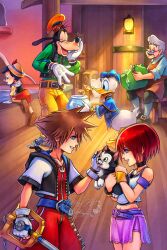 1girl 6+boys animal apron belt belt_buckle blue_belt blue_eyes boat brown_apron buckle bug cat closed_eyes commentary donald_duck english_commentary facial_hair figaro_(disney) fingerless_gloves fish furry furry_male geppetto_(disney) glasses gloves goofy grin highres holding holding_weapon hollypolllyy jacket jewelry jiminy_cricket kairi_(kingdom_hearts) keyblade kingdom_hearts kingdom_hearts_i kingdom_key long_sleeves multiple_boys mustache necklace nomura_tetsuya_(style) old old_man open_clothes open_jacket pinocchio_(disney_character) pinocchio_(disney_movie) profile purple_skirt red_hair short_sleeves skirt smile sora_(kingdom_hearts) water watercraft weapon white_gloves