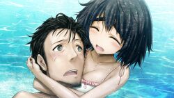 1boy 1girl beard_stubble bikini black_hair blue_hat blush bob_cut bow breast_pillow breasts cheek-to-breast cheek_press choker closed_eyes collar collarbone day dripping dutch_angle embarrassed facial_hair frilled_bikini frilled_collar frills game_cg grey_eyes hair_between_eyes happy hat hat_bow head_hug head_on_chest highres huke in_water large_breasts light_blush liquid looking_at_another messy_hair non-web_source nostrils official_art okabe_rintarou open_mouth pink_bikini pink_frills pink_lips polka_dot polka_dot_bikini pool ringed_eyes shiina_mayuri shiny_lips short_hair shouting sideburns square_pupils steins;gate steins;gate:_my_darling&#039;s_embrace stubble swimsuit tareme teeth thick_eyebrows tongue topless_male upper_teeth_only water water_drop wet wet_clothes wet_hair wide-eyed